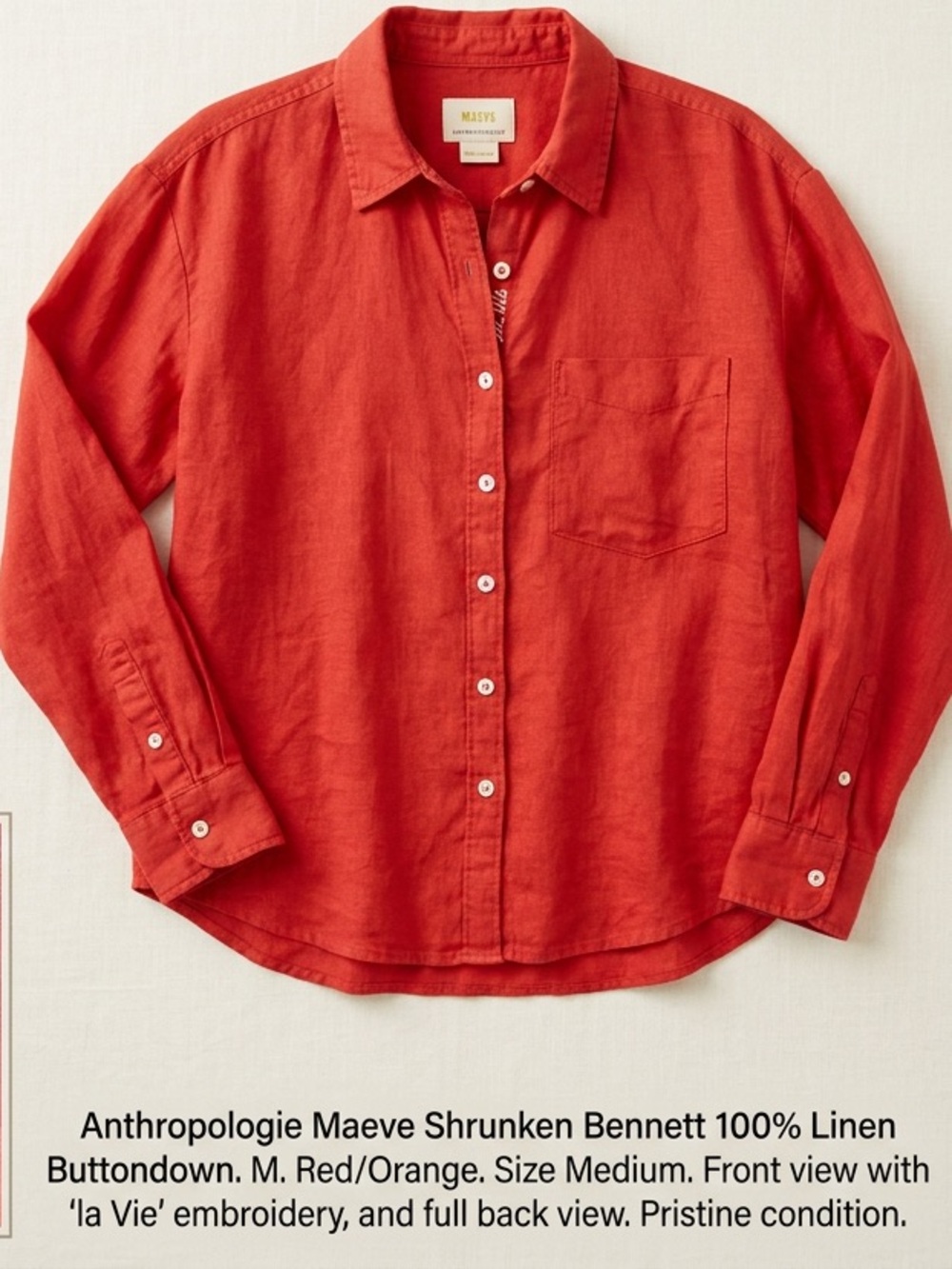 Anthropologie Maeve  Shrunken Bennett 100% Linen Buttondown. M. Red/Orange.